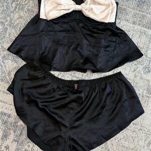Victoria's Secret Black Satin Cami & Shorts Set with Cream Bow